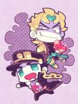  2boys belt black_coat black_hair black_headwear black_pants blonde_hair chain chibi chibi_only coat dio_brando drooling earrings fang green_belt hat heart holding holding_heart jewelry jojo_no_kimyou_na_bouken kotorai kujo_jotaro male_focus mouth_drool multiple_boys open_mouth pants purple_background purple_shirt red_eyes shirt thick_eyebrows v-shaped_eyebrows 