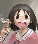  1girl absurdres angry azumanga_daioh cigarette highres holding holding_cigarette indoors kasuga_ayumu liamickpie looking_at_viewer medium_hair open_mouth school_uniform solo 