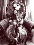  1girl armchair bad_drawr_id bad_id boots breasts buttons chair closed_mouth collared_dress curtains dress frills greyscale head_tilt high_heel_boots high_heels idolmaster idolmaster_(classic) juliet_sleeves long_hair long_sleeves looking_at_viewer minase_iori monochrome oekaki painterly puffy_sleeves ros08154 sitting small_breasts smile solo stuffed_animal stuffed_rabbit stuffed_toy 