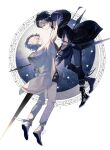  2boys aky_ami black_hair floating full_body highres hood hood_down hoodie jacket kurosuke_(nyx) lachtara leaning_forward long_sleeves looking_at_another male_focus multiple_boys nyx_(duo) pants shoes short_hair sneakers starry_background syuwa_(nyx) white_background white_hair 
