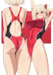  1girl alternate_costume armpits arms_up ass back_cutout black_one-piece_swimsuit blonde_hair blush breasts brown_background clothing_cutout commentary competition_swimsuit covered_navel from_behind from_below hair_ribbon highleg highleg_swimsuit highres kawaruhi large_breasts looking_at_viewer lycoris_recoil multiple_views nishikigi_chisato one-piece_swimsuit paid_reward_available parted_lips red_background red_eyes red_one-piece_swimsuit red_ribbon ribbon short_hair shoulder_blades sideboob simple_background smile swimsuit two-tone_background wet white_background 