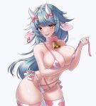  1girl animal_ears animal_print bell bikini breasts cleavage collar cow_ears cow_girl cow_horns cow_print cowbell ear_tag heart highres horns indie_virtual_youtuber large_breasts long_hair miiikaccino milkie_(vtuber) mole mole_under_eye navel neck_bell parted_lips pink_bikini pink_collar pink_thighhighs second-party_source side-tie_bikini_bottom solo swimsuit teeth thighhighs two-tone_bikini two-tone_thighhighs undone_bikini upper_teeth_only virtual_youtuber white_bikini white_thighhighs yellow_eyes 