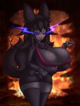 absurd_res animal_humanoid anthro big_breasts black_clothing black_legwear black_stockings bottomwear breasts business_attire business_suit businesswear canid canid_demon cleavage clothed clothing curvy_figure demon digital_drawing_(artwork) digital_media_(artwork) female female_focus fire_background fluffy fluffy_hair fluffy_tail hair hellhound hellhound_(mge) hi_res hourglass_figure huge_breasts humanoid legwear long_hair mammal mammal_humanoid miniskirt monster_girl_(genre) monster_girl_encyclopedia nirriti shaded skirt solo stockings suit tail text thick_thighs url voluptuous voluptuous_female voluptuous_humanoid wide_hips