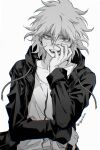  1boy blush boleum_(dgrpluna) coat danganronpa_(series) danganronpa_2:_goodbye_despair greyscale hair_between_eyes highres hood hood_down hooded_coat komaeda_nagito long_sleeves looking_at_viewer male_focus messy_hair monochrome nose_blush open_clothes open_mouth shirt simple_background solo sweat twitter_username upper_body 