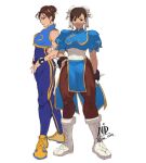 boots chinese_clothes chun-li double_bun english_text full_body hair_bun hair_ribbon hand_on_own_hip high_collar official_alternate_costume ribbon shaded_face shoes sideways_glance sneakers spikes standing street_fighter white_background 