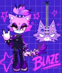  1girl animal_ears black_eyeshadow blaze_the_cat boots bracelet cat_ears cat_girl cat_tail collar electric_guitar eyeshadow forehead_jewel furry furry_female guitar highres instrument jewelry looking_at_viewer makeup nail_polish purple_fur sonic_(series) spiked_bracelet spiked_collar spikes spookycatfiish star_(symbol) tail topknot yellow_eyes 