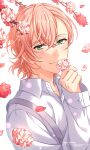  1boy branch commentary_request dated falling_petals flower green_eyes happy_birthday highres holding holding_flower looking_at_viewer male_focus mole mole_under_eye momose_sakurai on_air! petals pink_flower pink_hair sekina short_hair simple_background sleeves_past_wrists smile solo upper_body white_background 