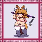  1girl animal_ear_fluff animal_ears blonde_hair border breasts brown_eyes commentary cookie_(touhou) fox_ears fox_girl fox_tail full_body gohei hand_on_own_hip highres holding holding_gohei large_breasts looking_at_viewer maebari medium_hair miramikaru_riran navel nipples no_shoes ofuda ofuda_on_pussy open_mouth ornate_border pixel_art ribbon-trimmed_thighhighs smile solo standing symbol-only_commentary tail thick_eyebrows thighhighs tonchamon_san white_background white_thighhighs 