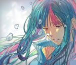  1girl absurdres ai_the_somnium_files ai_the_somnium_files:_nirvana_initiative bangs blue_hair blue_sweater doi_amame etaa89 high_collar highres long_hair multicolored_hair open_mouth pink_hair portrait red_eyes solo sweater two-tone_hair water_drop white_background 