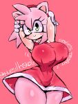 3:4 accessory amy_rose anthro big_breasts blush breasts clothing dialogue eulipotyphlan female fur gloves green_eyes hair_accessory hairband hands_behind_head handwear hedgehog huesillo_skolz mammal pink_background pink_body pink_fur pose raised_arms sega simple_background small_waist smile solo sonic_the_hedgehog_(series) thick_thighs wide_hips