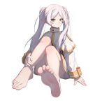  1girl absurdres bare_legs barefoot capelet chinese_commentary commentary_request feet foot_focus frieren green_eyes highres long_hair long_sleeves looking_at_viewer paddle_propeller parted_bangs pointy_ears simple_background smile solo sousou_no_frieren toenails twintails white_background white_capelet white_hair 