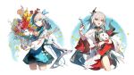  2girls alternate_costume animal bird blue_eyes bracelet closed_mouth dual_persona english_text flower fu_hua fu_hua_(herrscher_of_sentience) grey_hair hair_between_eyes highres holding honkai_(series) honkai_impact_3rd jewelry jingwei_(bird) long_hair looking_at_viewer multicolored_hair multiple_girls open_mouth petals pink_flower rafaelaaa red_eyes red_flower sample_watermark simple_background streaked_hair teeth upper_body upper_teeth_only watermark white_background yellow_flower yellow_petals yellow_pupils 