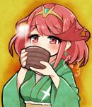  1girl blush breasts brown_background commentary_request covered_mouth cup drinking earrings green_kimono headpiece holding holding_cup japanese_clothes jewelry kimono ma2acworks medium_breasts obi pyra_(xenoblade) red_eyes red_hair sash solo steam upper_body xenoblade_chronicles_(series) xenoblade_chronicles_2 