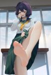  1girl averting_eyes bare_legs barefoot breasts clothes_lift daxieshen_huashi desk fang feet foot_focus green_sailor_collar green_skirt hair_between_eyes hand_on_own_cheek hand_on_own_face highres hiiragi_utena indoors leg_up lifted_by_self looking_down mahou_shoujo_ni_akogarete panties pantyshot pleated_skirt presenting_foot purple_hair sailor_collar school_desk school_uniform shirt short_hair shy skirt skirt_lift small_breasts soles solo toes underwear wavy_mouth white_shirt yellow_eyes 