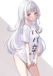  1girl absurdres blush breasts clothes_writing commentary_request cowboy_shot grey_background grey_hair hair_down highres hololive long_hair looking_at_viewer murasaki_shion no_pants oniku_(o29sukizero) parted_lips shirt shirt_tug short_eyebrows short_sleeves small_breasts solo standing t-shirt translation_request two-tone_background virtual_youtuber white_background white_shirt yellow_eyes 