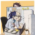  2girls angry animal_ears ascari_megane_(aurahack) aurahack bandaid bandaid_on_face bandaid_on_nose black-framed_eyewear black_hair breasts brown_hair cat_ears cat_girl cigarette_butt cleavage coffee coffee_mug computer cubicle cup downblouse ear_piercing glasses grey_hair heterochromia highres indoors lanyard laptop levin_(aurahack) long_hair medium_breasts mug multicolored_hair multiple_girls office_lady original paper_stack peeking piercing pink_eyes ponytail purple_eyes purple_lips shirt short_hair smoking split-color_hair sticky_note symbol-shaped_pupils two-tone_hair white_shirt yellow_eyes 