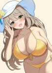  1girl bikini blonde_hair blue_archive blush breasts cameltoe collarbone flower_hat green_hair highres kumomokka large_breasts navel nonomi_(blue_archive) nonomi_(swimsuit)_(blue_archive) open_mouth simple_background smile solo swimsuit white_headwear yellow_bikini 