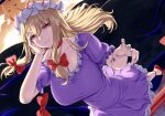  1girl absurdres blonde_hair bow breasts cleavage dress dutch_angle frilled_dress frills hair_bow hat highres large_breasts long_hair looking_at_viewer mirufui mob_cap orange_eyes puffy_short_sleeves puffy_sleeves purple_dress purple_nails red_bow red_footwear short_sleeves smile solo touhou white_headwear yakumo_yukari 