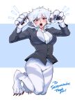  1girl absurdres animal_hands black_jacket breasts claws commentary_request commissioner_name fujita_(umeeda_fuji) full_body highres indie_virtual_youtuber jacket large_breasts necktie no_pants red_eyes sasquatchulous short_hair sidelocks solo thank_you white_fur white_hair white_necktie 
