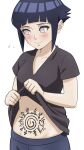  1girl black_hair blush closed_mouth clothes_lift highres hyuuga_hinata looking_to_the_side naruto naruto_(series) navel ponnu_(skeb_boshuuchu) purple_eyes shirt shirt_lift short_hair short_sleeves solo spiral stomach_tattoo tattoo upper_body white_background 