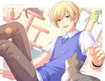  1boy blonde_hair blue_sweater blurry blurry_background blush bracelet brown_pants cat collared_shirt commentary_request dated feet_out_of_frame grey_eyes happy happy_birthday highres jewelry looking_down male_focus necklace on_air! open_mouth pants sekina shirayuki_rei_(on_air!) shirt short_hair smile solo sweater sweater_vest white_shirt window 