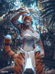 2024 3:4 3d_(artwork) 5_fingers anthro bandeau big_breasts black_stripes blonde_hair bottomwear breasts claws cleavage clothed clothing digital_media_(artwork) felid female finger_claws fingers forest fur hair hi_res humanoid_hands jewelry jungle loincloth mammal multicolored_body multicolored_fur nature necklace orange_body orange_fur outside pantherine plant signature solo striped_body striped_fur stripes tiger topwear tree tribal two_tone_body two_tone_fur white_body white_fur zorryn