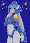  1girl absurdres android blue_eyes blush bodysuit buzzlyears covered_navel crop_top eyeshadow fairy_leviathan_(mega_man) forehead_jewel helmet highres makeup mega_man_(series) mega_man_zero_(series) smug solo white_bodysuit 