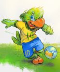  2020 4_fingers anthro avian ball beak bird blue_eyes bodily_fluids clothed clothing disney feathers fingers gnashi_othu grass green_body green_feathers hi_res jos&eacute;_carioca male open_mouth parrot plant signature soccer soccer_ball soccer_uniform solo sport sportswear sweat sweatdrop the_three_caballeros uniform 