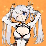  1girl ;o arms_up blue_eyes bodysuit breasts bunching_hair cleavage collarbone commentary_request covered_navel grey_hair hair_between_eyes head_tilt highres honkai_(series) honkai_impact_3rd kiana_kaslana kiana_kaslana_(white_comet) long_hair looking_at_viewer medium_breasts naiawakashi one_eye_closed orange_background parted_lips simple_background solo sparkle twintails_day twitter_username v-shaped_eyebrows very_long_hair white_bodysuit 
