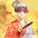  1girl bangs beads black_hair burning closed_mouth earrings fire hand_fan hand_up high_ponytail holding holding_fan inuyasha japanese_clothes jewelry kagura_(inuyasha) kimono light_particles light_smile looking_at_viewer petals pointy_ears red_eyes red_kimono red_lips sleeves_past_wrists snake937 solo upper_body yellow_background 