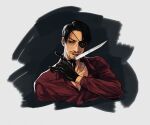  1boy bangs beard black_background black_eyes black_gloves black_hair collarbone collared_shirt dagger dress_shirt eyepatch facial_hair gloves hand_up highres holding holding_dagger holding_weapon knife long_sleeves looking_away majima_gorou male_focus one_eye_covered parrots777 partially_unbuttoned red_shirt ryuu_ga_gotoku shirt short_hair solo tongue tongue_out upper_body weapon 