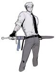  1boy :/ black_gloves black_hair black_necktie closed_mouth collared_shirt colored_sclera cropped_legs fingerless_gloves gloves grey_hair grey_pants grey_sclera highres holding holding_sword holding_weapon looking_at_viewer male_focus multicolored_hair necktie original pale_skin pants sasi_mozzi1 scar scar_across_eye scar_on_arm shirt short_hair simple_background sleeves_pushed_up solo standing streaked_hair sword sword_behind_back very_short_hair weapon weapon_behind_back white_background white_eyes white_shirt 
