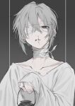  1boy absurdres bandaged_neck bandages black_eyes blood blood_on_face eyepatch grey_hair highres long_sleeves looking_at_viewer male_focus nosebleed original parted_lips shirt short_hair solo teeth torn_clothes white_shirt white_xxxx 
