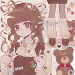  1girl aegyo_sal animification billlie_(group) blush bow brown_bow brown_eyes brown_leg_warmers brown_nails brown_overalls brown_shirt brown_shorts cake character_name commentary copyright_name drawn_ears food fruit heart highres k-pop looking_at_viewer o_bianyi_didi_shu_o osato_haruna overall_shorts overalls parted_lips real_life shirt shorts solo speech_bubble spoken_heart strawberry streamers stuffed_animal stuffed_toy symbol-only_commentary teddy_bear 