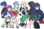  5boys 5girls alear_(fire_emblem) alear_(male)_(fire_emblem) armor azura_(fire_emblem) back-to-back black_coat black_hair blue_eyes blue_hair bug butterfly byleth_(fire_emblem) byleth_(male)_(fire_emblem) cape cleavage_cutout closed_eyes clothing_cutout coat commentary_request corrin_(fire_emblem) corrin_(male)_(fire_emblem) fingerless_gloves fire_emblem fire_emblem:_mystery_of_the_emblem fire_emblem:_three_houses fire_emblem_awakening fire_emblem_engage fire_emblem_fates fire_emblem_heroes from_side gloves grey_hair hair_ornament hand_grab highres hood jewelry katarina_(fire_emblem) kris_(fire_emblem) long_hair long_sleeves lucina_(fire_emblem) multicolored_hair multiple_boys multiple_girls parted_lips pointy_ears purple_eyes purple_hair red_eyes red_hair ribbed_sleeves robin_(fire_emblem) robin_(male)_(fire_emblem) serious short_hair short_sleeves shoulder_armor sleeping sleeveless smile sothis_(fire_emblem) sweat sweatdrop tiara turtleneck upper_body veil veyle_(fire_emblem) white_background white_hair yellow_eyes zuzu_(ywpd8853) 