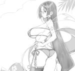  10mo 1girl ass bikini breasts closed_mouth day fate/grand_order fate_(series) hand_on_own_hip highres huge_breasts long_hair minamoto_no_raikou_(fate) minamoto_no_raikou_(swimsuit_lancer)_(fate) monochrome outdoors single_thighhigh sketch solo standing swimsuit thighhighs very_long_hair 