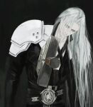  1boy armor belt black_background black_belt black_coat buster_sword chest_strap coat english_commentary expressionless final_fantasy final_fantasy_vii final_fantasy_vii_remake grey_eyes grey_hair high_collar highres impaled injury leaning_to_the_side long_hair long_sleeves looking_to_the_side male_focus multiple_belts pauldrons sad sephiroth shoulder_armor solo stab upper_body very_long_hair xscr1205 