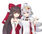  2girls :d animal_ears azur_lane bow breasts brown_eyes brown_hair cleavage detached_sleeves fang flipped_hair grey_hair hair_between_eyes hair_bow hakama hakama_skirt harutsuki_(azur_lane) hibiki_(azur_lane) highres horns japanese_clothes long_hair long_sleeves mrw45 multiple_girls outstretched_arm purple_eyes red_bow red_hakama ribbon-trimmed_sleeves ribbon_trim simple_background skirt small_breasts smile v very_long_hair white_background white_sleeves wide_sleeves 