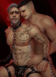  2boys abs animal_collar bara beard black_hair black_male_underwear body_markings bound bound_wrists chain chest_hair collar completely_nude david_king_(dead_by_daylight) dead_by_daylight facial_hair grey_hair highres large_pectorals looking_at_another male_focus male_underwear multiple_boys muscular muscular_male navel neck_tattoo nipples nude pectorals phindraws restrained short_hair smile tattoo underwear vittorio_toscano yaoi 