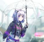  1girl absurdres animal_ears cat_ears cat_girl highres holding holding_umbrella hololive liamickpie looking_at_viewer nekomata_okayu solo umbrella water_drop 