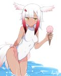  1girl absurdres adapted_costume bangs bare_legs bare_shoulders bird_girl bird_tail bird_wings blush braid commentary commentary_request dark_skin frilled_swimsuit frills hair_ornament hairclip head_wings highres ice_cream_cone japanese_crested_ibis_(kemono_friends) kemono_friends navel one-piece_swimsuit partially_submerged red_hair saya_ayasu short_hair sidelocks sleeveless solo swimsuit tail tan water white_hair white_swimsuit wings yellow_eyes 