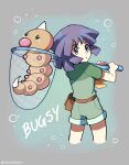  1boy :o blue_eyes bugsy_(pokemon) butterfly_net character_name commentary cropped_legs english_commentary from_behind green_shirt green_shorts hand_net highres looking_back open_mouth pokemon pokemon_hgss pouch purple_hair shirt short_hair shorts tears touyarokii v-shaped_eyebrows weedle 