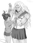  1boy 1girl arms_up bad_drawr_id bad_id bandaged_arm bandages breasts character_request closed_eyes closed_mouth copyright_request crossdressing greyscale gym_shirt hair_ornament hairclip hands_up heel_up high_five jumping long_hair long_sleeves mattaku_mousuke monochrome muscular muscular_male open_mouth parted_bangs pleated_skirt profile sailor_collar scar scar_on_face school_uniform serafuku shirt short_ponytail shorts simple_background skirt small_breasts socks standing white_background 