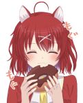  1girl :i ^_^ ahoge amairo_islenauts animal_ears blush chocolate_doughnut closed_eyes closed_mouth commentary doughnut eating facing_viewer food hair_between_eyes hair_ornament happy highres holding holding_doughnut holding_food mahigu_re masaki_gaillard red_hair school_uniform short_hair simple_background solo sound_effects straight-on wavy_mouth white_background wolf_ears wolf_girl x_hair_ornament 