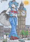  anthro big_ben bottomwear canid canine canis cerberus_(artist) clothing collar denim denim_clothing domestic_dog female foot_crush husky jeans london macro mammal nikita_(character) nordic_sled_dog not_big_and_not_clever outside pants spiked_collar spikes spitz union_jack vehicle_destruction 