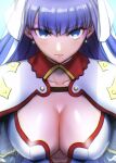  1girl aoba_(smartbeat) bangs blue_eyes breasts capelet center_opening cleavage collarbone earrings fate/grand_order fate_(series) hair_ribbon highres jewelry large_breasts long_hair looking_at_viewer martha_(fate) purple_hair ribbon solo white_capelet 