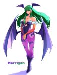  1girl absurdres animal_print ap_cammy bare_shoulders bat_print black_footwear black_leotard blunt_bangs boots breasts clothing_cutout full_body green_eyes green_hair head_wings heart_cutout highres leotard long_hair low_wings morrigan_aensland pantyhose purple_pantyhose simple_background smile solo vampire_(game) white_background wings 