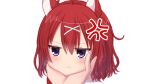  1girl :t ahoge amairo_islenauts anger_vein angry animal_ears blush close-up closed_mouth commentary hair_between_eyes hair_ornament hands_on_own_cheeks hands_on_own_face jitome looking_at_viewer mahigu_re masaki_gaillard medium_hair pout purple_eyes red_hair simple_background solo v-shaped_eyebrows white_background wolf_ears wolf_girl x_hair_ornament 