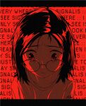  1girl animification artist_name artist_self-insert closed_mouth collarbone commentary english_text film_grain glasses highres looking_at_viewer medium_hair monochrome niio_(niiochi) niio_(niiochi)_(person) original red_theme shirt signalis solo sweatdrop symbol-only_commentary upper_body wide-eyed 