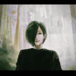  1girl black_hair black_sweater closed_mouth forest hair_over_one_eye highres kirishima_touka looking_at_viewer makko_(user_kvud5535) nature one_eye_covered short_hair smile solo sweater tokyo_ghoul tree 